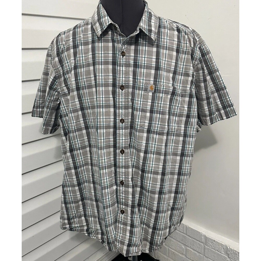 Men’s Carhartt Gray Blue Plaid Button Down Shirt Relaxed 2XL Outdoor Workwear